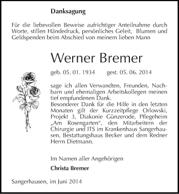 Traueranzeige von Werner Bremer von Mitteldeutsche Zeitung Sangerhausen