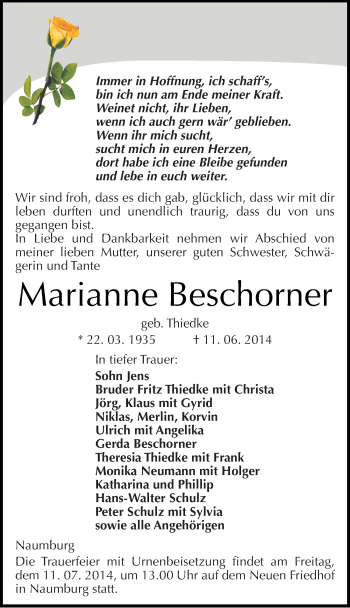 Traueranzeige von Marianne Beschorner von Mitteldeutsche Zeitung Naumburg/Nebra