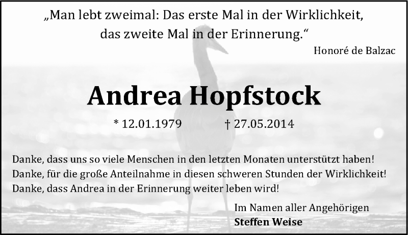  Traueranzeige für Andrea Hopfstock vom 05.07.2014 aus Mitteldeutsche Zeitung Sangerhausen