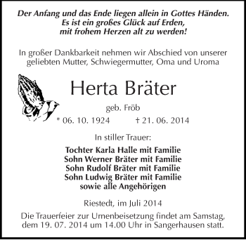 Traueranzeige von Herta Bräter von Mitteldeutsche Zeitung Sangerhausen