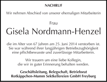 Traueranzeige von Gisela Nordmann-Henzel von Mitteldeutsche Zeitung Naumburg/Nebra