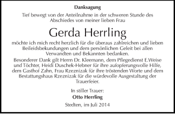 Traueranzeige von Gerda Herrling von Mitteldeutsche Zeitung Mansfelder Land