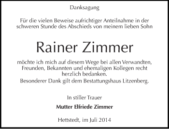 Traueranzeige von Rainer Zimmer von Mitteldeutsche Zeitung Mansfelder Land
