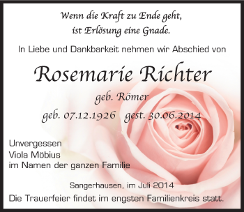 Traueranzeige von Rosemarie Richter von Mitteldeutsche Zeitung Sangerhausen