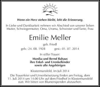Traueranzeige von Emilie Meller von Mitteldeutsche Zeitung Mansfelder Land