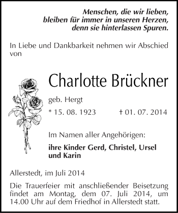 Traueranzeige von Charlotte Brückner von Mitteldeutsche Zeitung Naumburg/Nebra