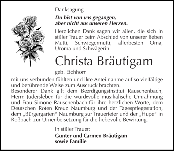 Traueranzeige von Christa Bräutigam von Mitteldeutsche Zeitung Naumburg/Nebra