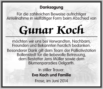 Traueranzeige von Gunar Koch von Mitteldeutsche Zeitung Aschersleben