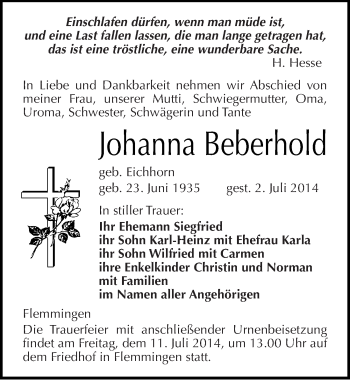 Traueranzeige von Johanna Beberhold von Mitteldeutsche Zeitung Naumburg/Nebra