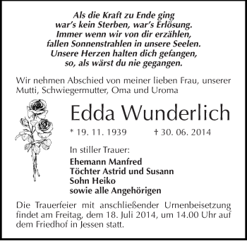 Traueranzeige von Edda Wunderlich von Mitteldeutsche Zeitung Wittenberg