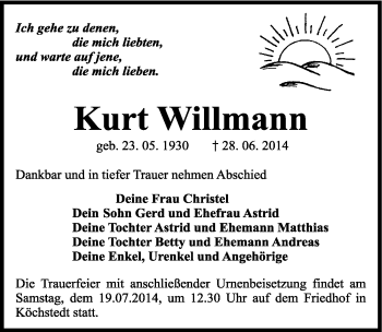 Traueranzeige von Kurt Willmann von Mitteldeutsche Zeitung Halle/Saalkreis