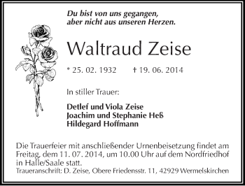 Traueranzeige von Waltraud Zeise von Mitteldeutsche Zeitung Halle/Saalkreis