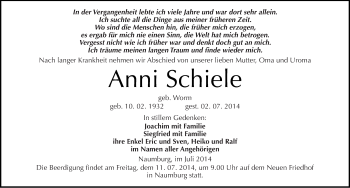 Traueranzeige von Anni Schiele von Mitteldeutsche Zeitung Naumburg/Nebra