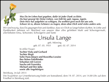Traueranzeige von Ursula Lange von Mitteldeutsche Zeitung Naumburg/Nebra