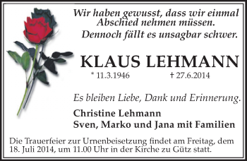 Traueranzeige von Klaus Lehmann von Mitteldeutsche Zeitung Halle/Saalkreis