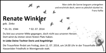 Traueranzeige von Renate Winkler von Mitteldeutsche Zeitung Sangerhausen