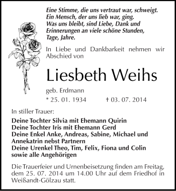 Traueranzeige von Liesbeth Weihs von Mitteldeutsche Zeitung Köthen