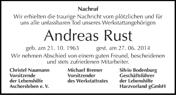 Traueranzeige von Andreas Rust von Mitteldeutsche Zeitung Aschersleben