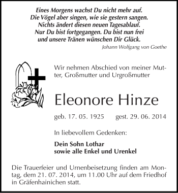 Traueranzeige von Eleonore Hinze von Mitteldeutsche Zeitung Wittenberg