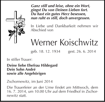 Traueranzeige von Werner Koischwitz von Mitteldeutsche Zeitung Wittenberg