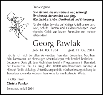 Traueranzeige von Georg Pawlak von Mitteldeutsche Zeitung Halle/Saalkreis