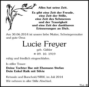 Traueranzeige von Lucie Freyer von Mitteldeutsche Zeitung Weißenfels