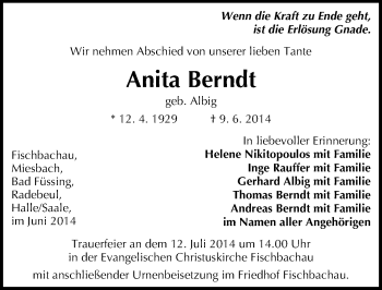 Traueranzeige von Anita Berndt von Mitteldeutsche Zeitung Halle/Saalkreis