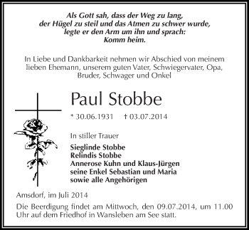 Traueranzeige von Paul Stobbe von Mitteldeutsche Zeitung Mansfelder Land