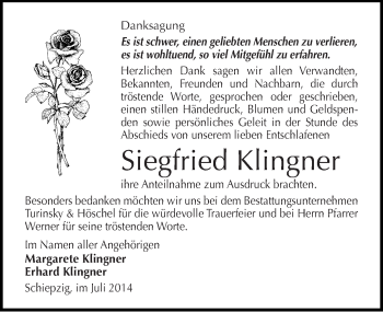 Traueranzeige von Siegfried Klingner von Mitteldeutsche Zeitung Halle/Saalkreis