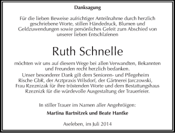 Traueranzeige von Ruth Schnelle von Mitteldeutsche Zeitung Mansfelder Land
