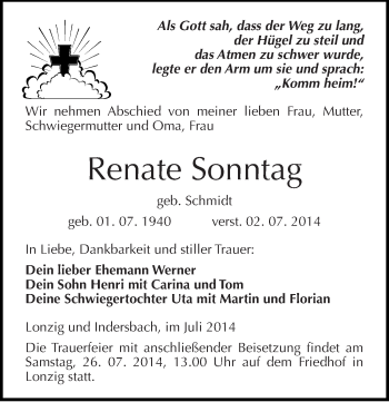 Traueranzeige von Renate Sonntag von Mitteldeutsche Zeitung Zeitz