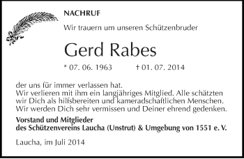 Traueranzeige von Gerd Rabes von Mitteldeutsche Zeitung Naumburg/Nebra