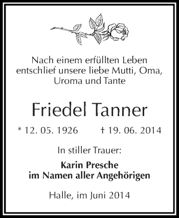 Traueranzeige von Friedel Tanner von Mitteldeutsche Zeitung Halle/Saalkreis