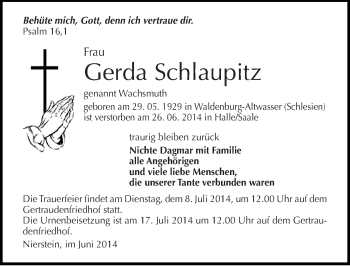 Traueranzeige von Gerda Schlaupitz von Mitteldeutsche Zeitung Halle/Saalkreis