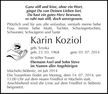 Traueranzeige von Karin Koziol von Mitteldeutsche Zeitung Merseburg/Querfurt