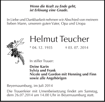 Traueranzeige von Helmut Teucher von Mitteldeutsche Zeitung Sangerhausen