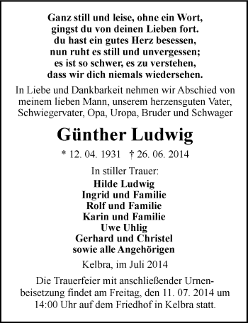 Traueranzeige von Günther Ludwig von Mitteldeutsche Zeitung Sangerhausen