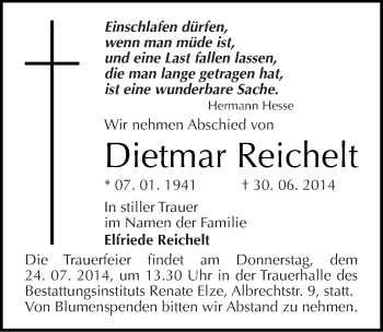 Traueranzeige von Dietmar Reichelt von Mitteldeutsche Zeitung Dessau-Roßlau