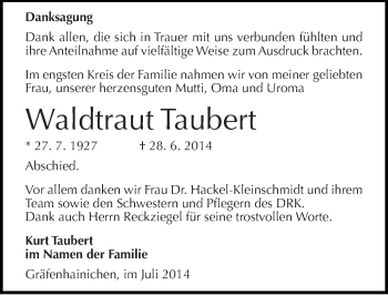 Traueranzeige von Waldtraut Taubert von Mitteldeutsche Zeitung Wittenberg