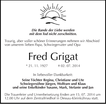 Traueranzeige von Fred Grigat von Mitteldeutsche Zeitung Dessau-Roßlau