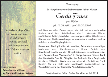 Traueranzeige von Gerda Franz von Mitteldeutsche Zeitung Sangerhausen