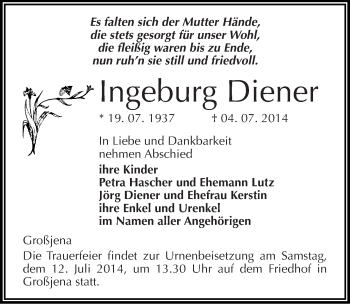 Traueranzeige von Ingeburg Diener von Mitteldeutsche Zeitung Naumburg/Nebra