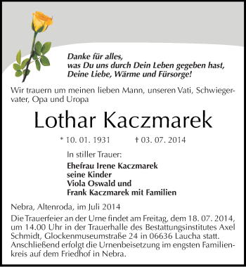 Traueranzeige von Lothar Kaczmarek von Mitteldeutsche Zeitung Naumburg/Nebra