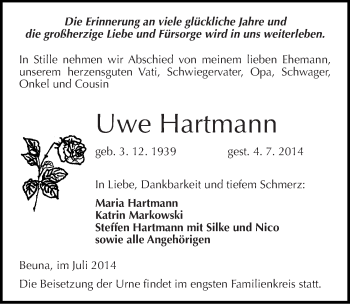Traueranzeige von Uwe Hartmann von Mitteldeutsche Zeitung Merseburg/Querfurt