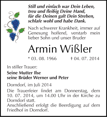 Traueranzeige von Armin Wißler von Mitteldeutsche Zeitung Naumburg/Nebra