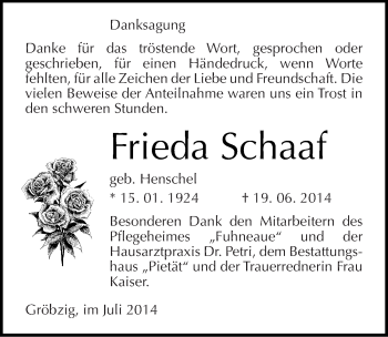 Traueranzeige von Frieda Schaaf von Mitteldeutsche Zeitung Köthen