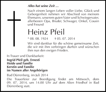 Traueranzeige von Heinz Pfeil von Mitteldeutsche Zeitung Merseburg/Querfurt
