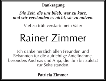 Traueranzeige von Rainer Zimmer von Mitteldeutsche Zeitung Mansfelder Land