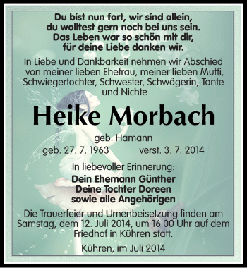 Traueranzeige von Heike Morbach von Mitteldeutsche Zeitung Köthen