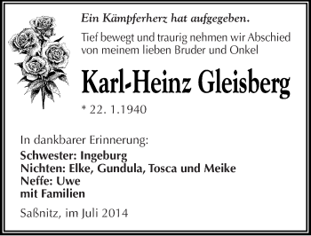 Traueranzeige von Karl-Heinz Gleisberg von Mitteldeutsche Zeitung Quedlinburg